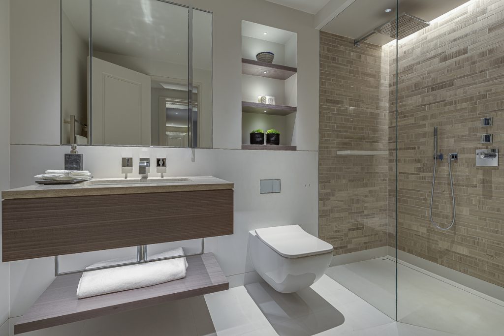 A Taj Mahal quartzite bathroom, chosen for its warmth — Cornwall Terrace, Roma Marble