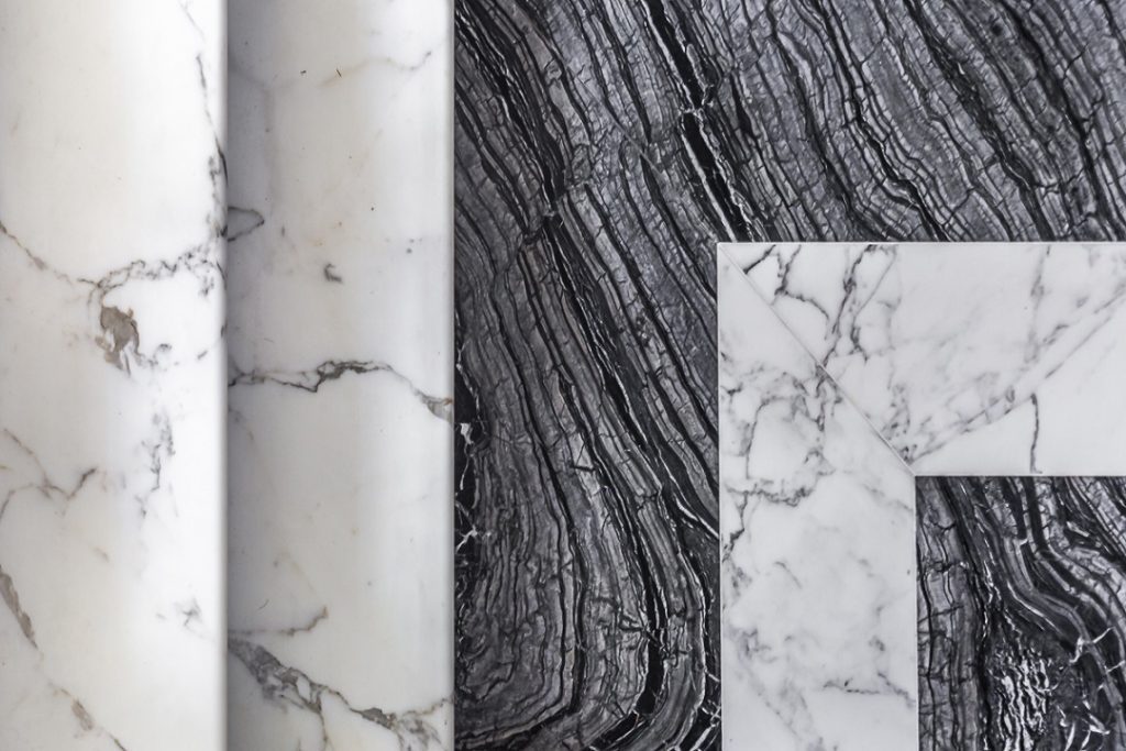The main bathroom's Calacatta Oro vanity top, built up at the edge — Ranulf Road, Roma Marble
