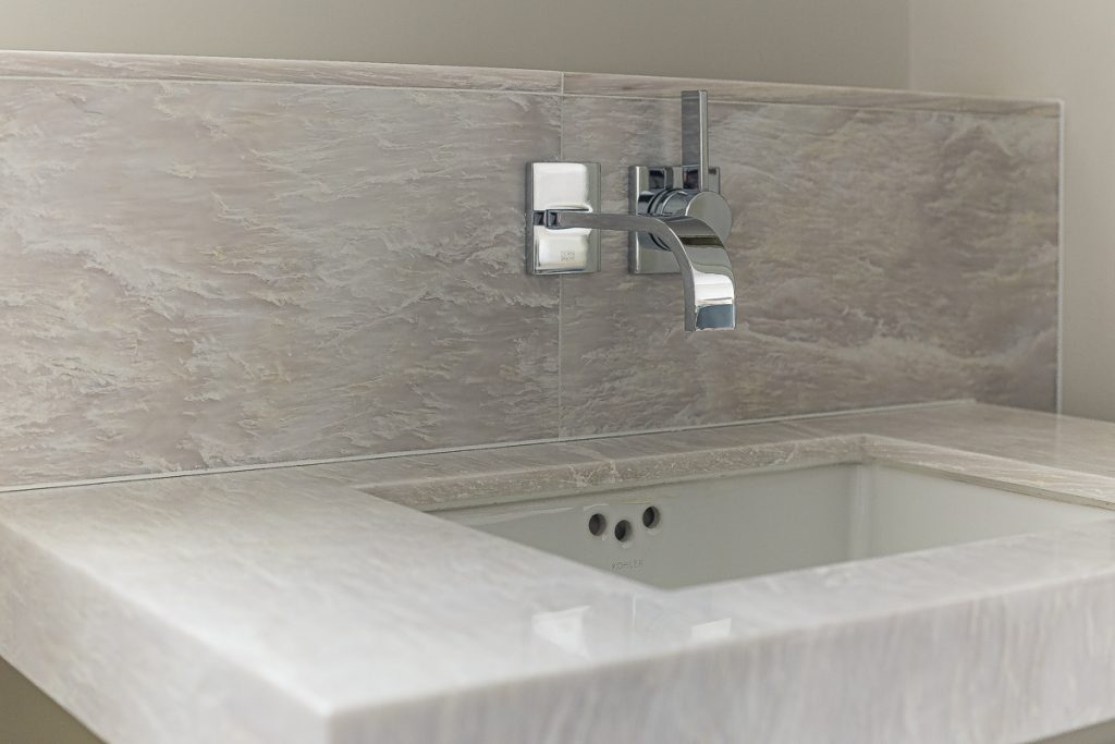 Statuario marble larder and pantry worktops, finished with a built-up edge — Ranulf Road, Roma Marble