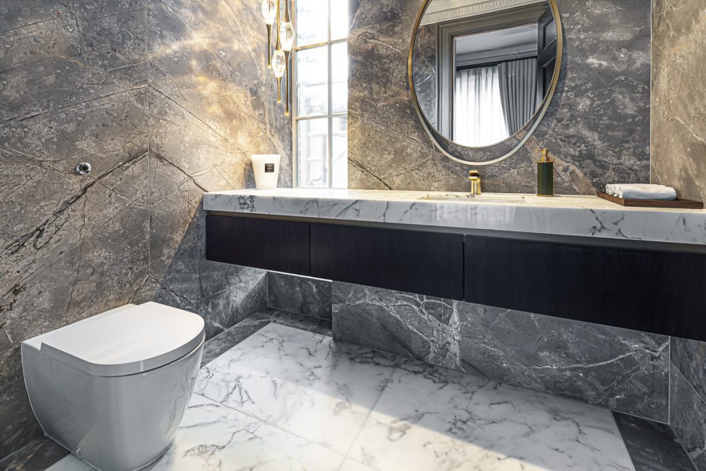 Statuario marble larder and pantry worktops, finished with a built-up edge — Ranulf Road, Roma Marble