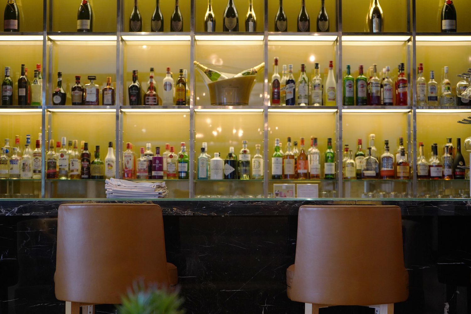 The back bar and Portoro Gold marble bar front, Blakemore Hyde Park - Roma Marble