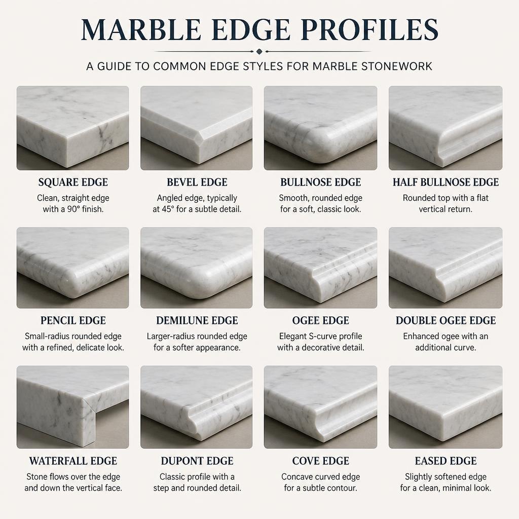 Guide to twelve marble worktop edge profiles including square, bevel, bullnose, pencil, ogee and waterfall