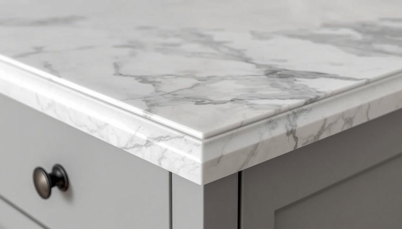 Close detail of a shaped marble worktop edge profile on a grey cabinet