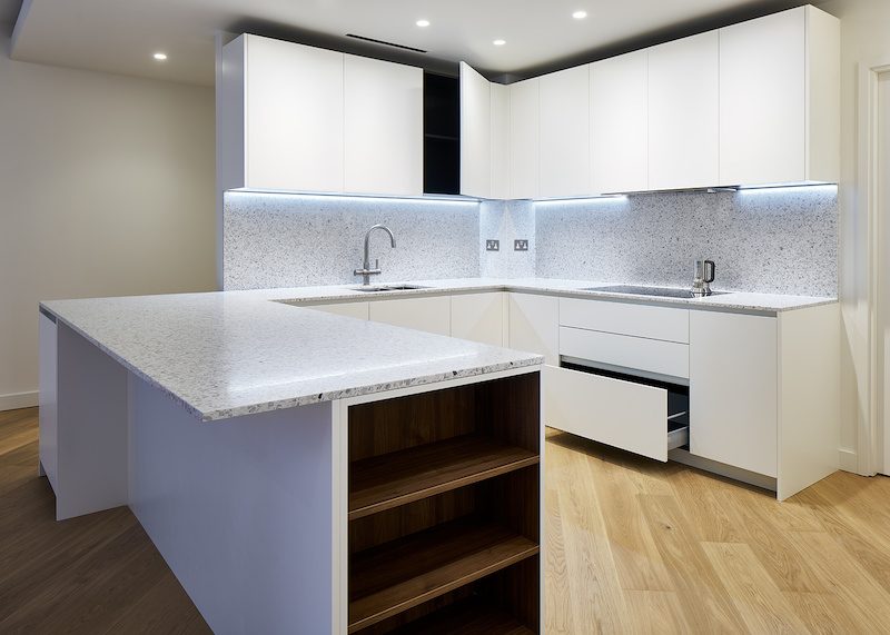 Dekton Sirius in 12mm, downstood to give the appearance of a full 20mm edge — Television Centre, Roma Marble