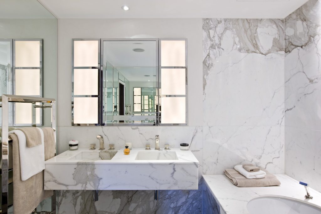 A Dark Marron Vita kitchen worktop, its deep tones set against fine, lighter veining — Mayfair, Roma Marble