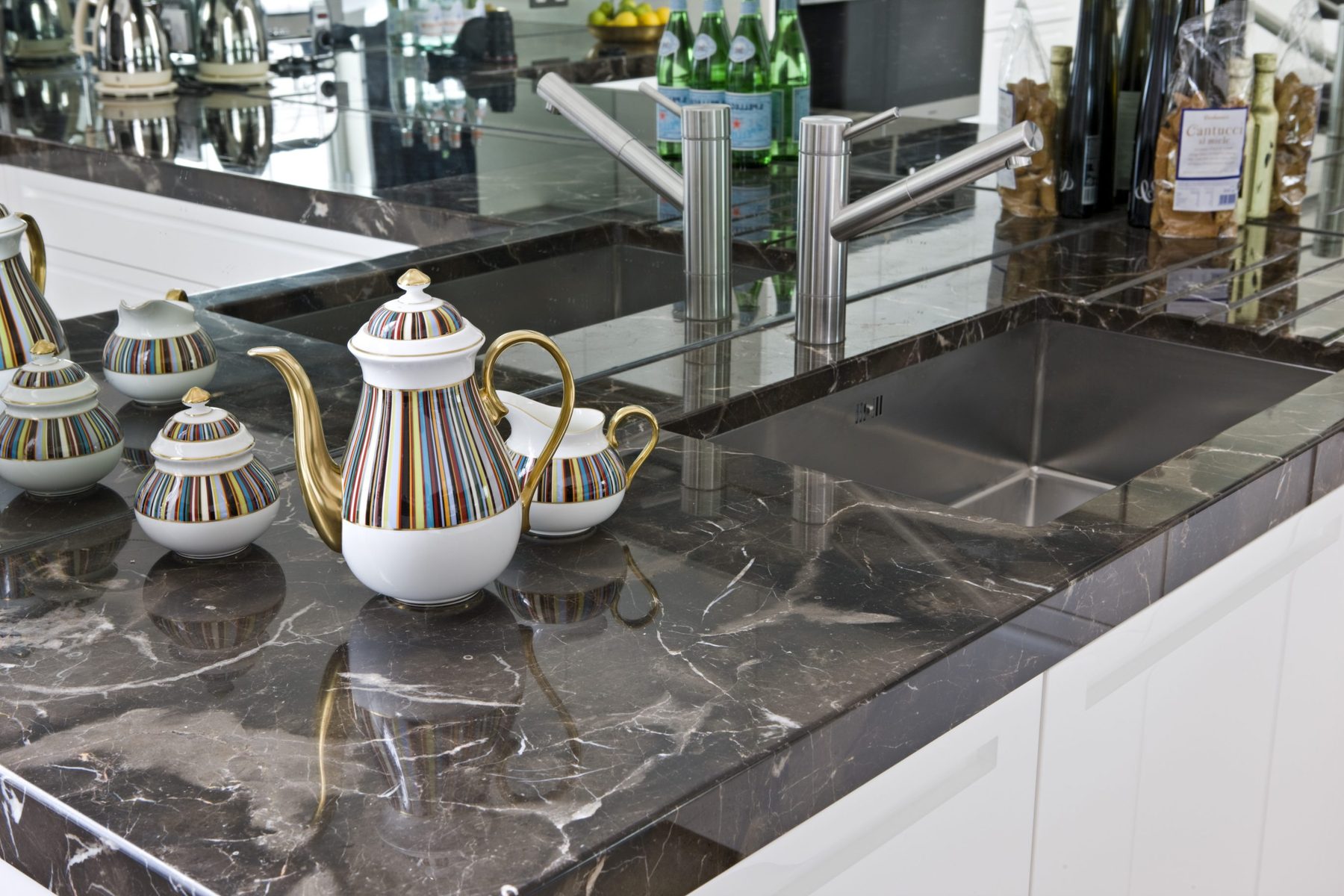 A Dark Marron Vita kitchen worktop, its deep tones set against fine, lighter veining — Mayfair, Roma Marble