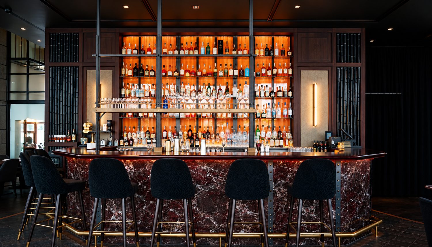 The Rosso Levanto bar front and stools at Lucky Cat Bishopsgate - Roma Marble