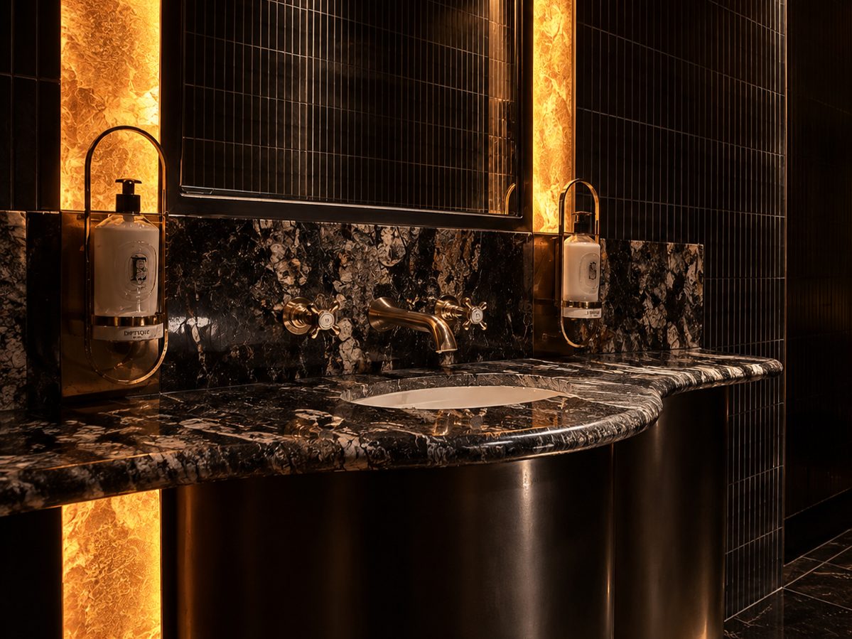 A Cosmic Gold granite sink with brass taps at Lucky Cat Bishopsgate - Roma Marble