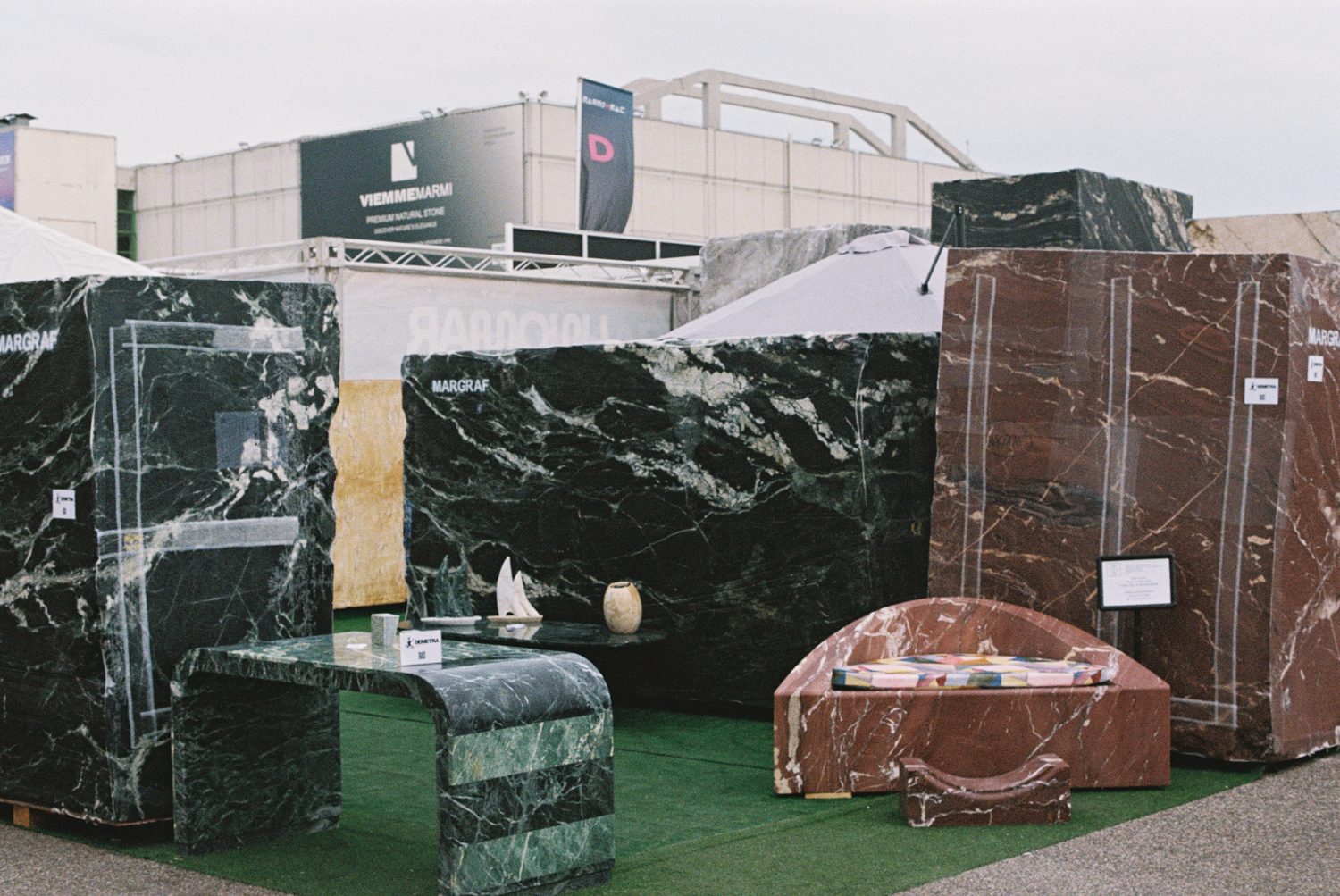 Blocks and finished slabs of marble and granite on display at Marmomac 2026 in Verona