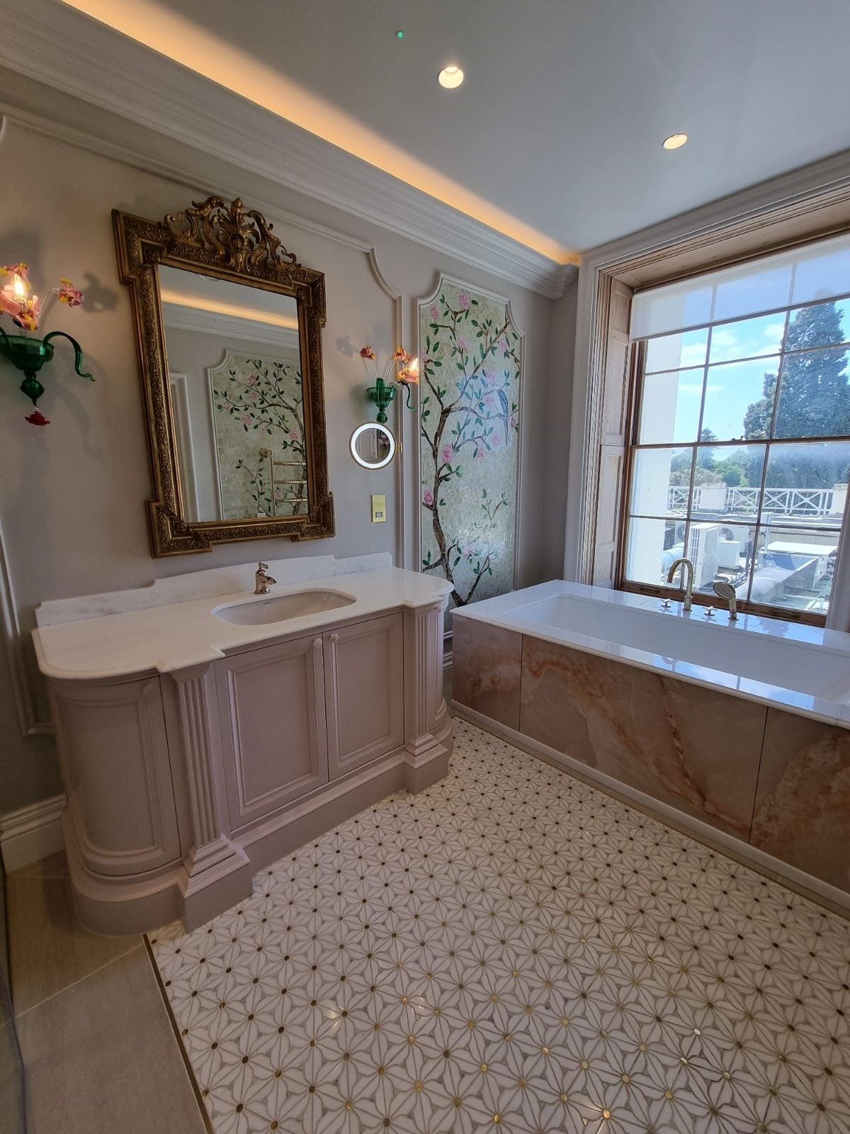 Pink Onyx bathroom by Roma Marble, London
