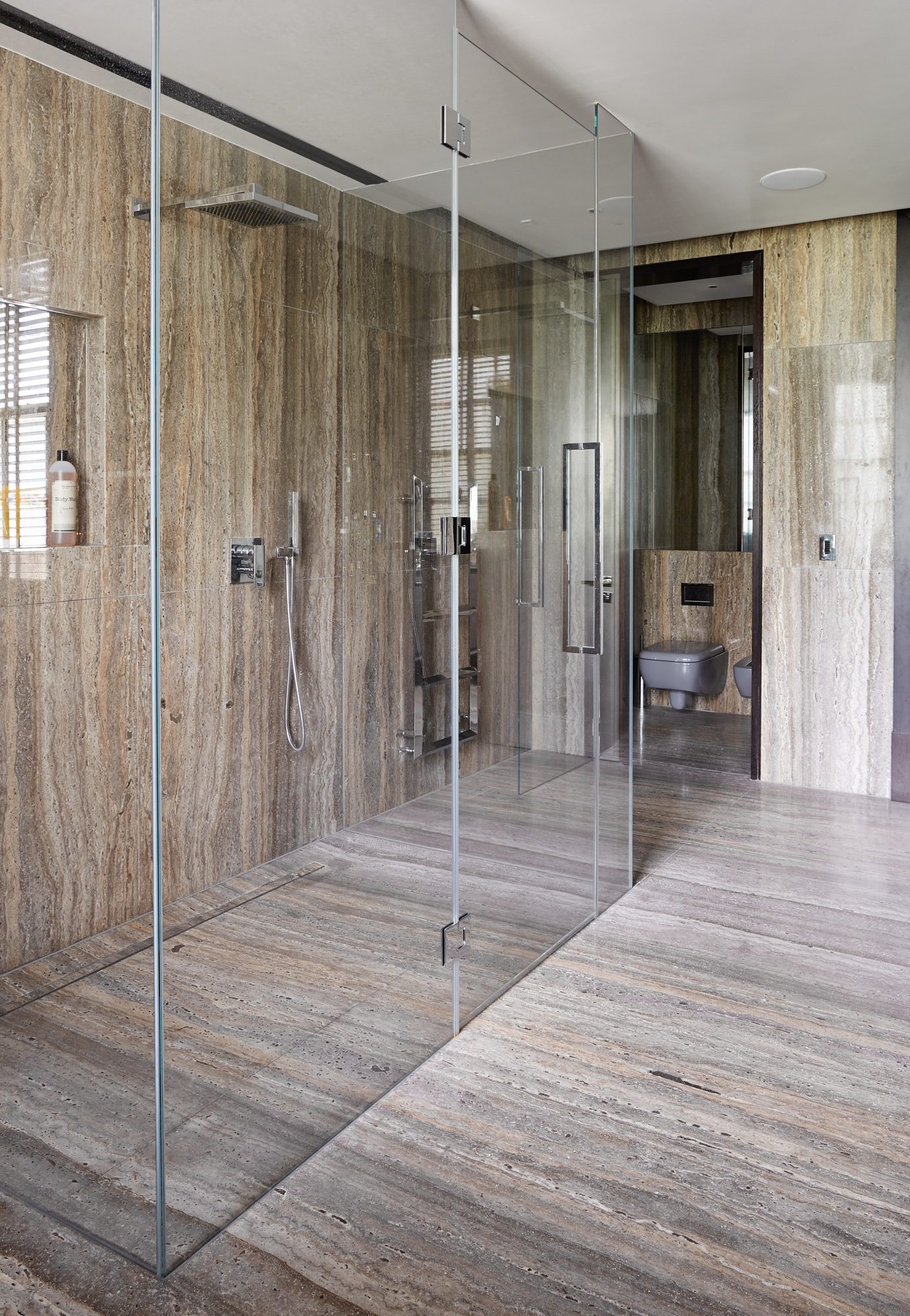 Silver Travertine bathroom by Roma Marble, London