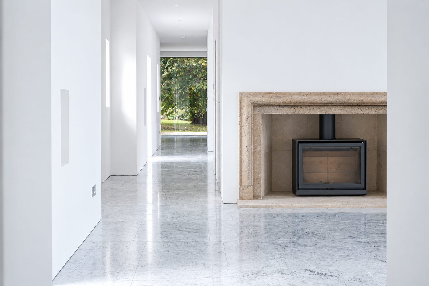 Carrara marble flooring carried from the reception room through to the hall, Oxford - Roma Marble