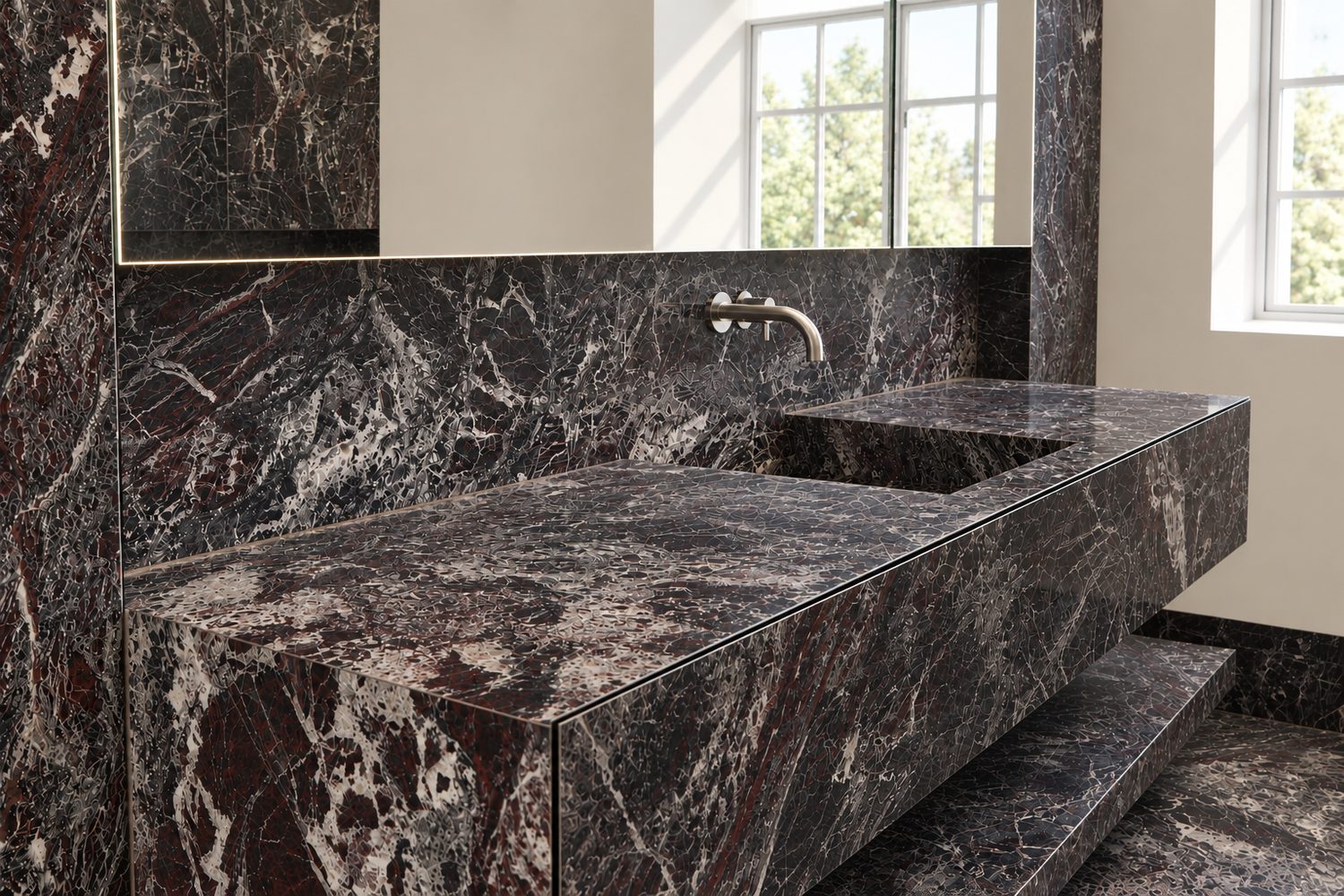 A solid Rosso Levanto marble vanity and basin, Oxford - Roma Marble